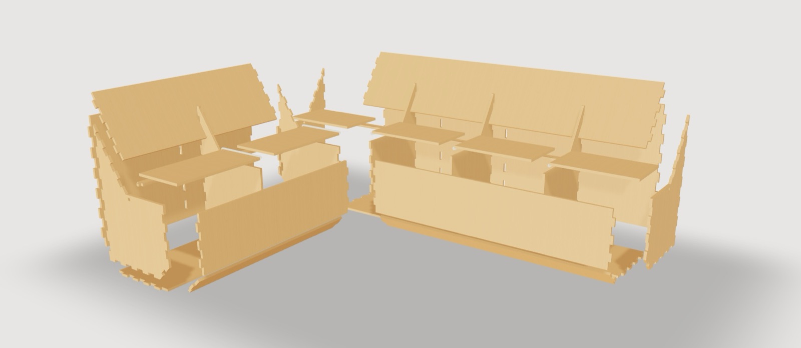 An L-shaped plywood corner bench shown as separated parts, every panel edge carrying a row of tabs
