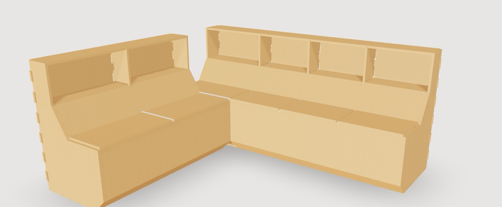 The same corner bench with an open shelf above the seat back, divided into cubbies