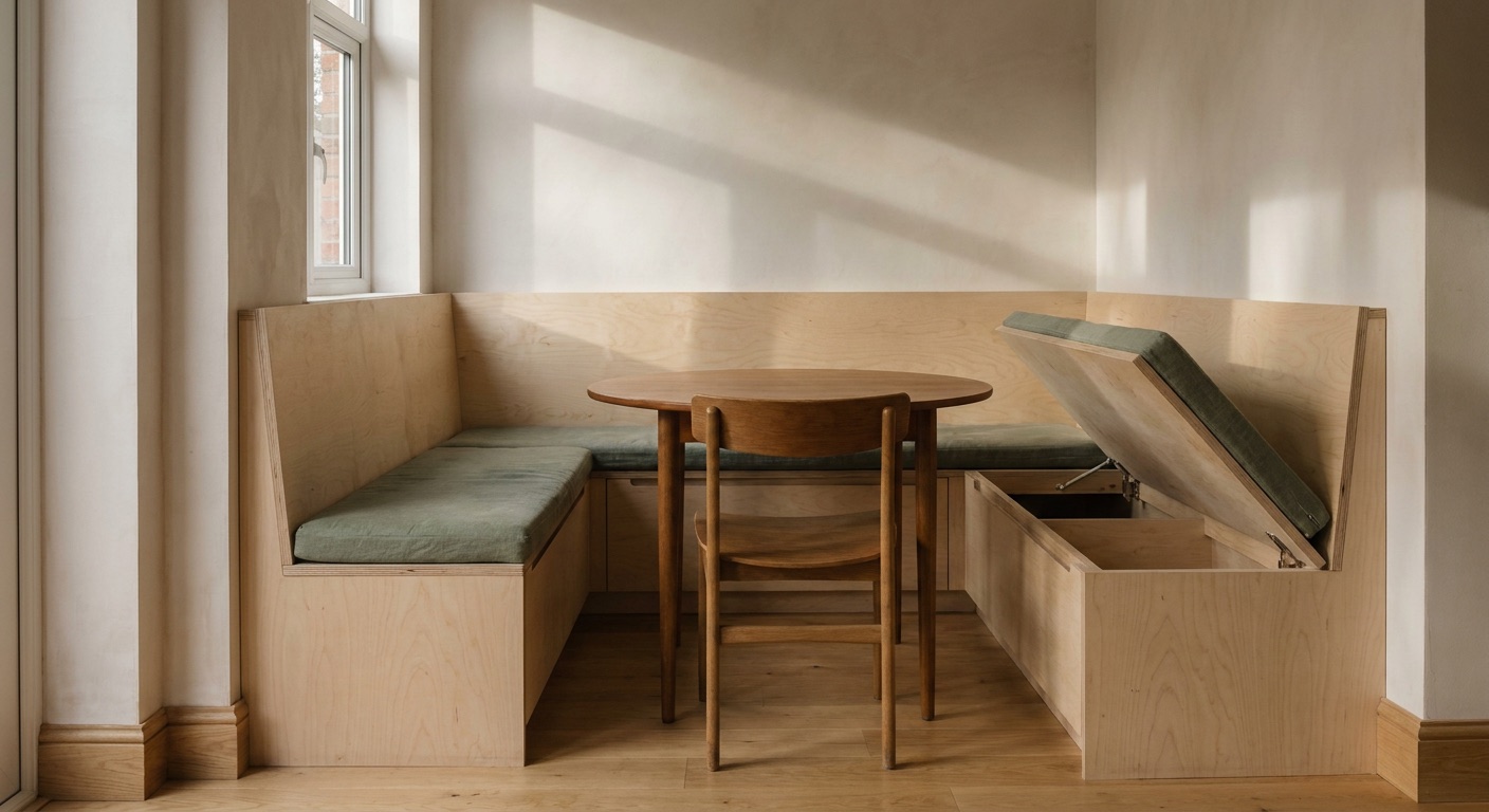 An L-shaped birch plywood corner bench in a kitchen, one seat lid raised to show the storage below