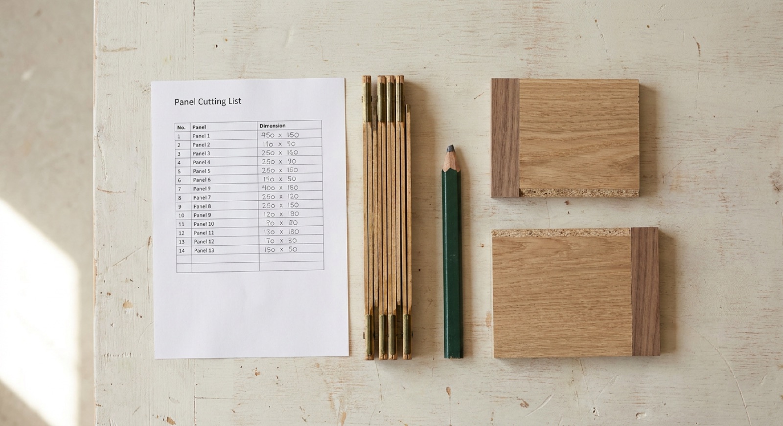 A printed panel cutting list with a folding rule and two edge-banded offcuts