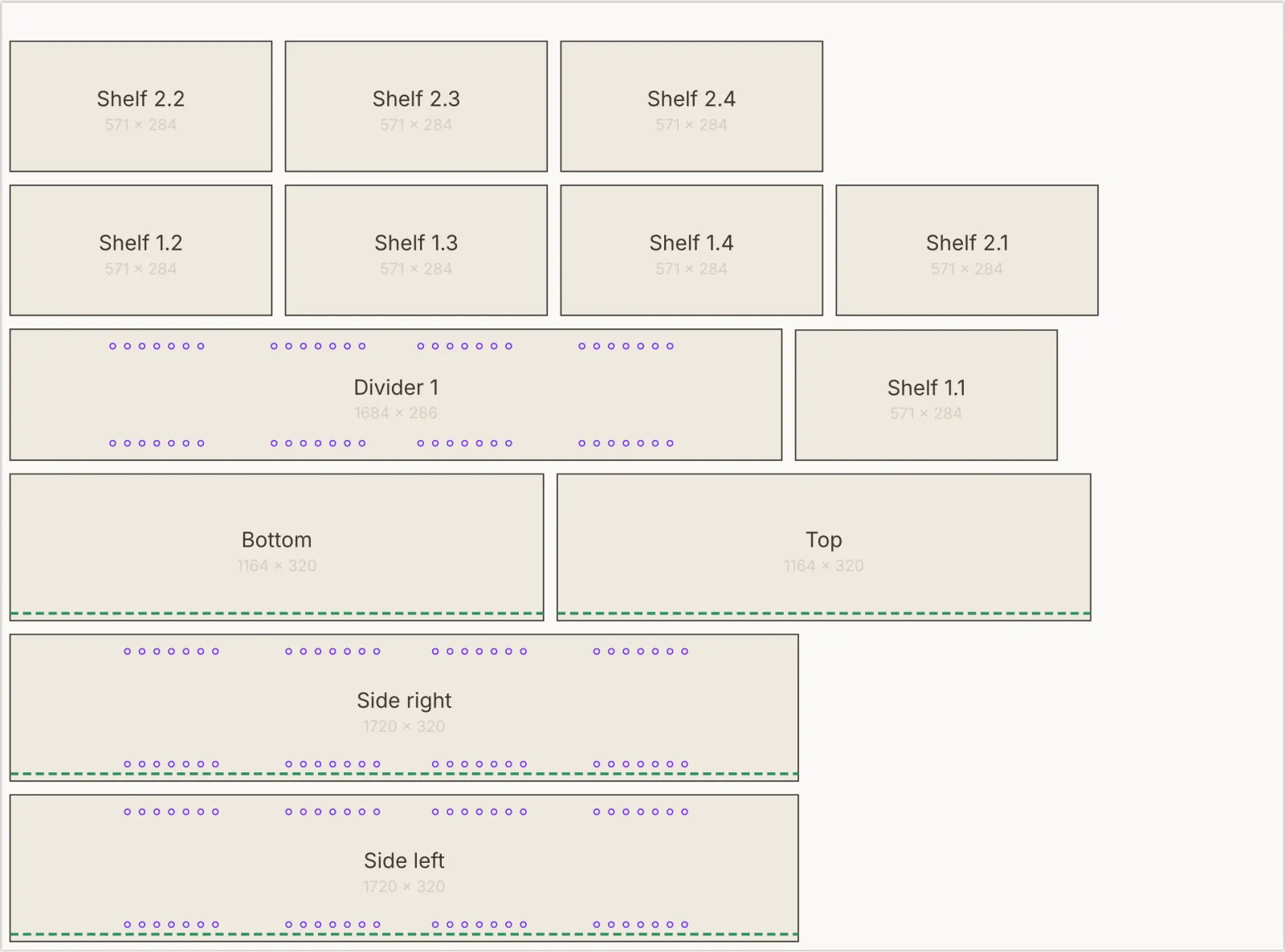 The cut plan: panels nested on a 2800×2070mm sheet, each labelled with its finished size