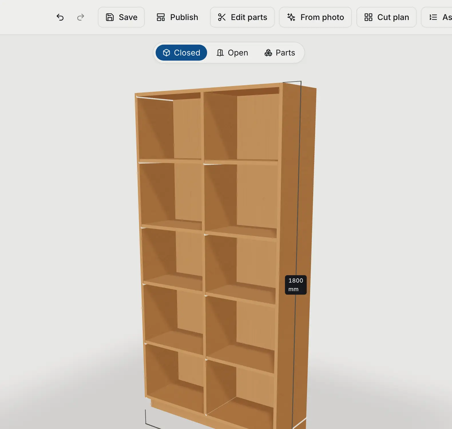 The editor's width being changed from 900mm to 1800mm: the bookcase grows a second bay, the price rises, and the piece then explodes into its separate panels