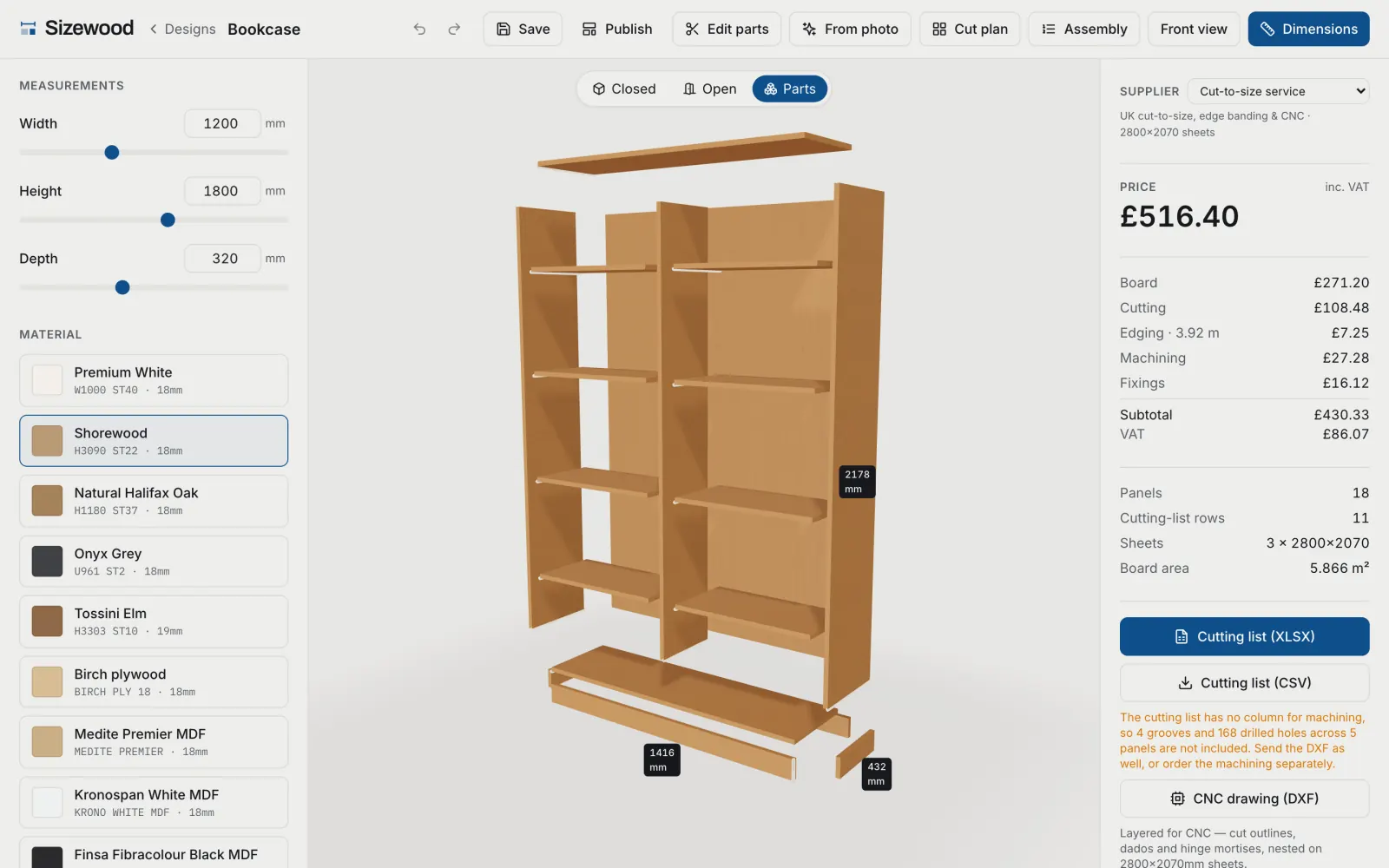 The same bookcase exploded into its separate panels, floating apart