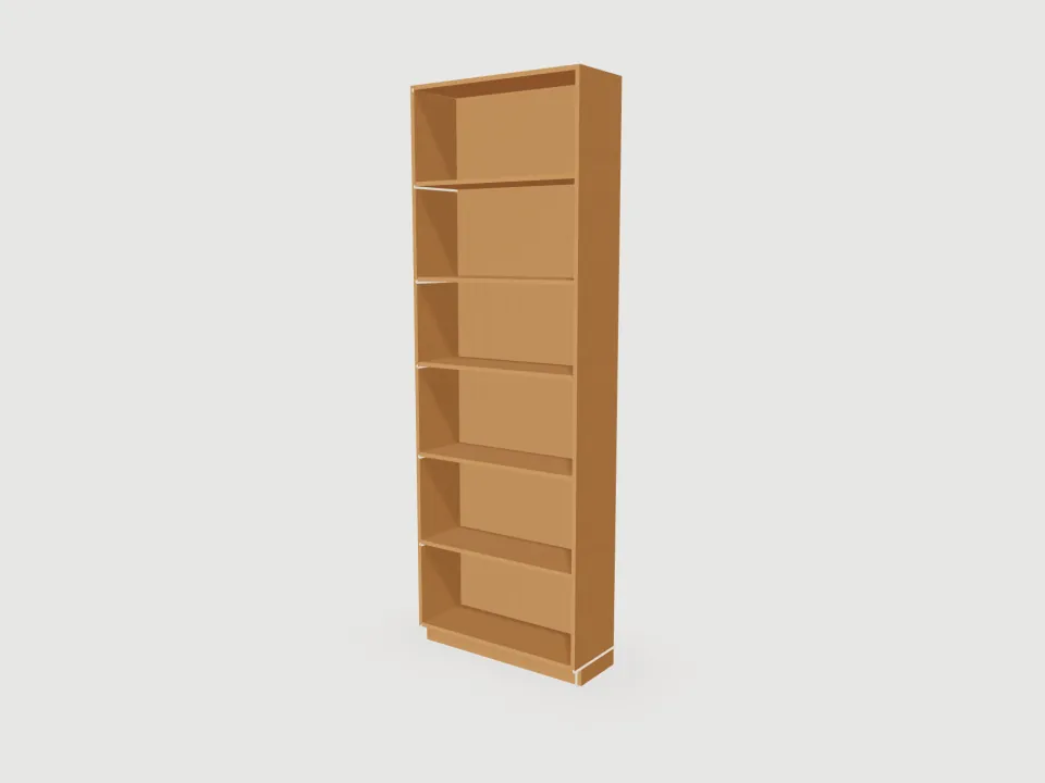 Render of a tall single-bay alcove shelving unit in a woodgrain finish, five shelves above a recessed plinth
