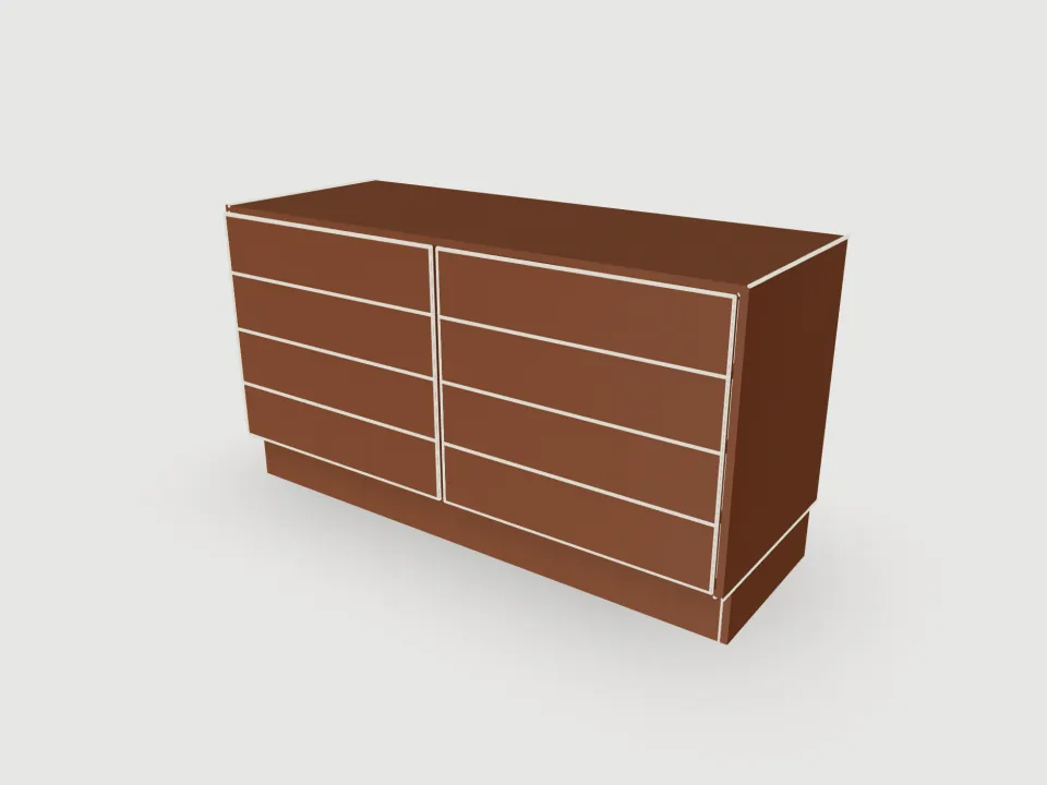 A freestanding kitchen island carcass in a mid-brown elm decor, two banks of four drawers on a recessed plinth