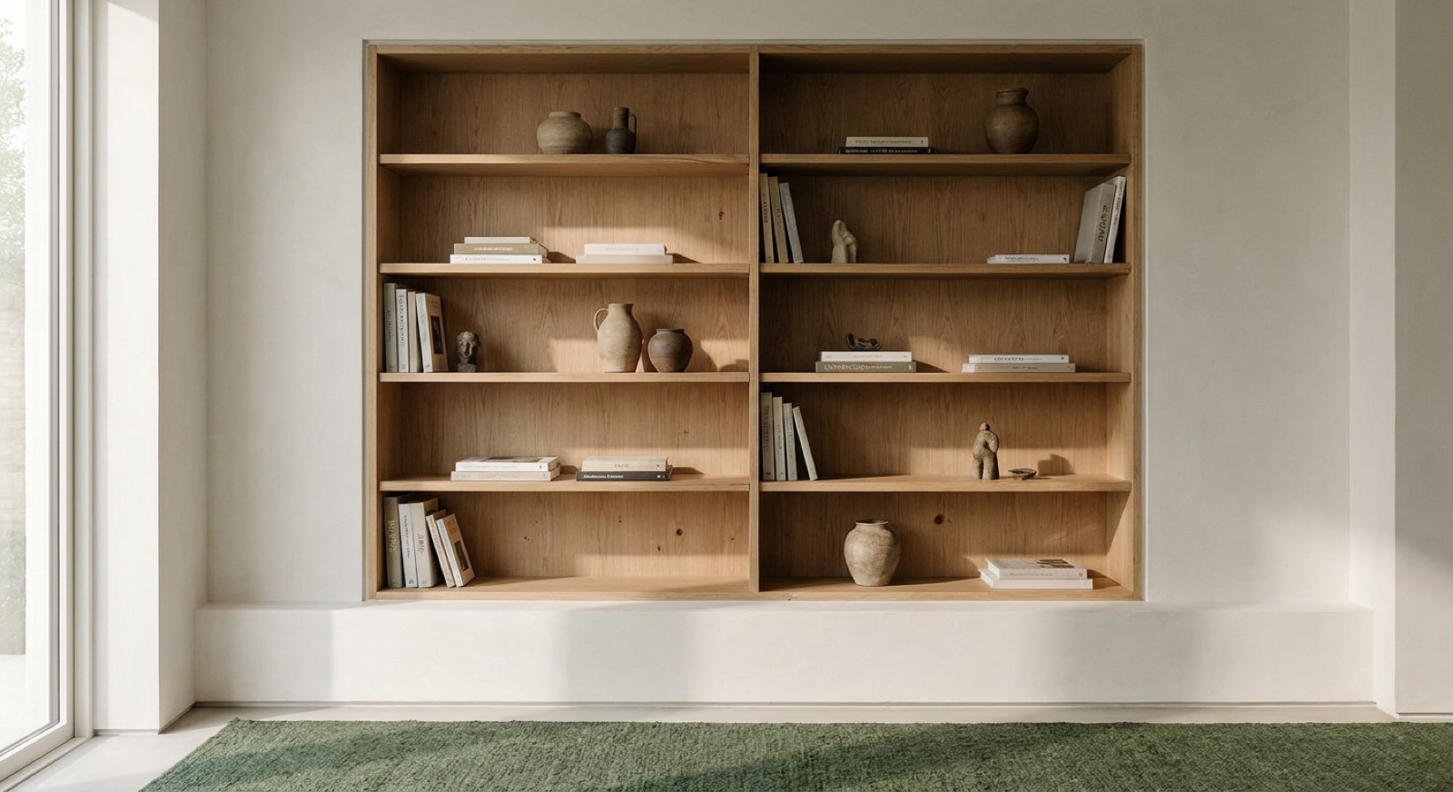 A made-to-measure oak bookcase built into a plastered alcove, styled with books and ceramics