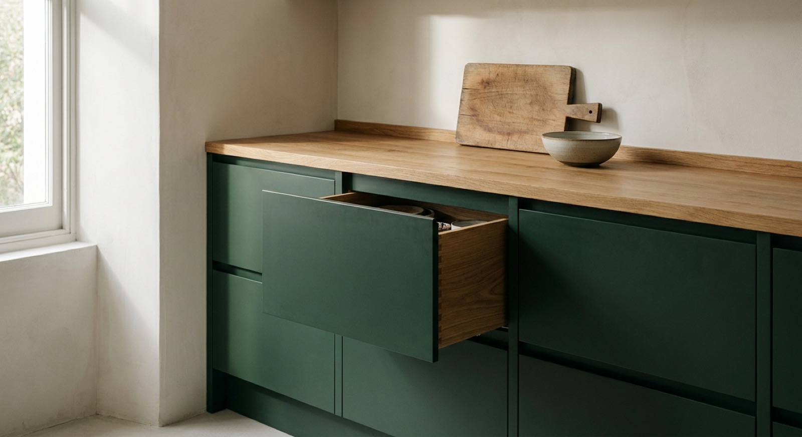 A run of deep green made-to-measure kitchen cabinets with an oak worktop