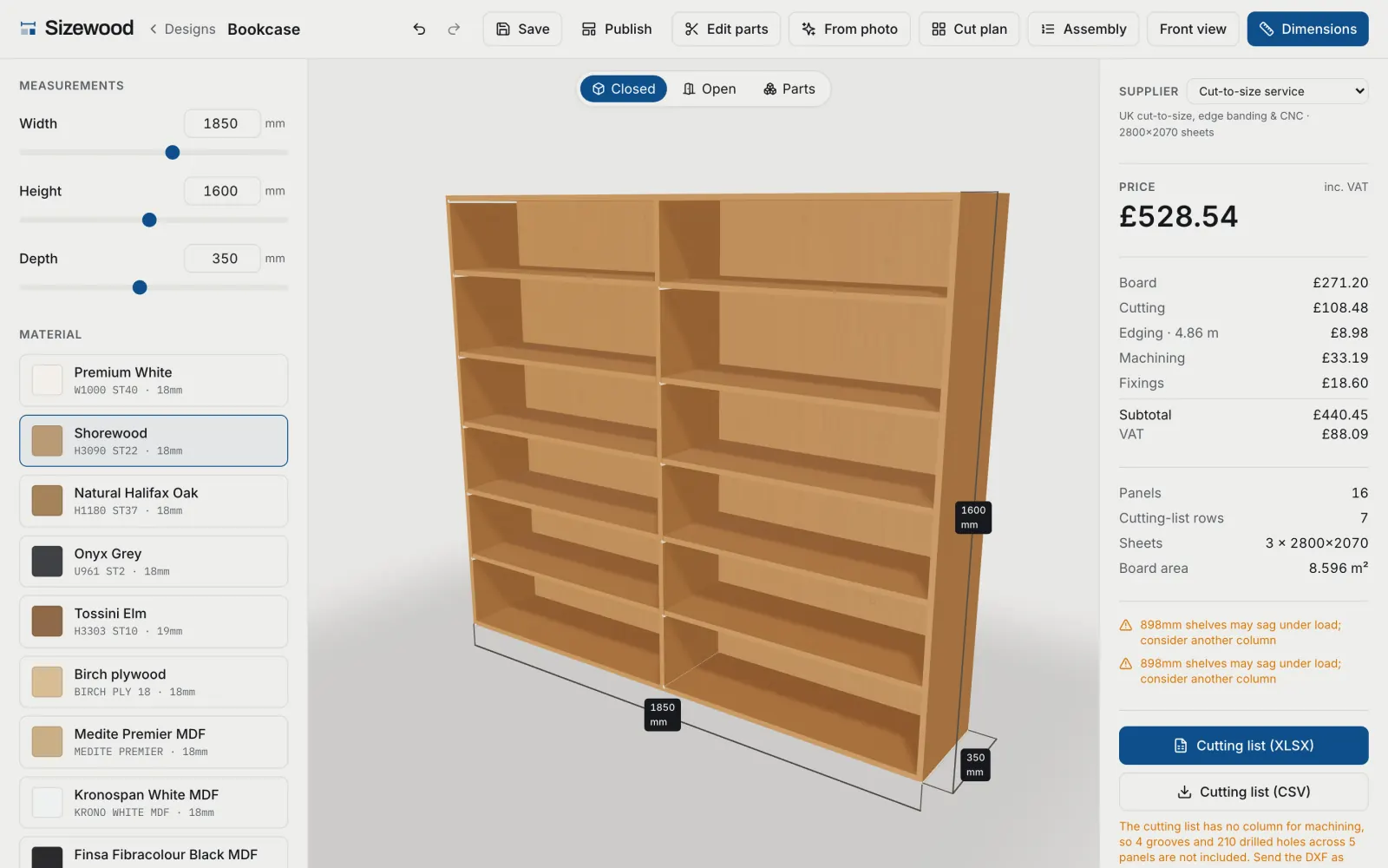 The same bookcase as an editable 3D design in the Sizewood editor, with its dimensions, material and an itemised price