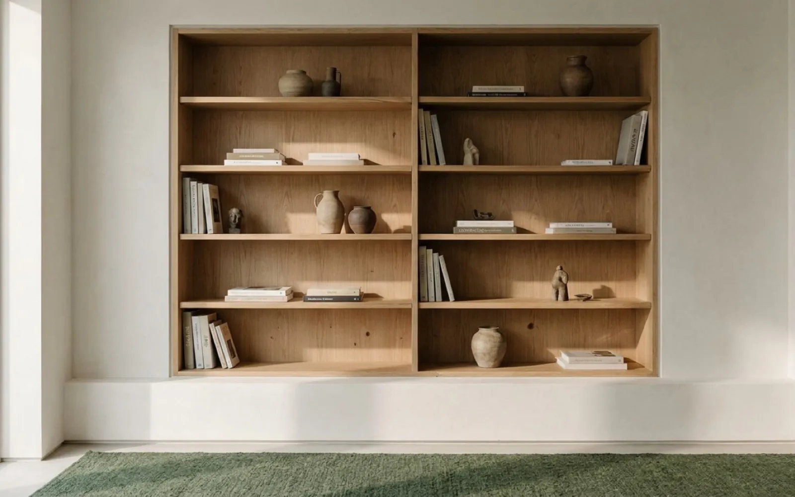 A photograph of a made-to-measure oak bookcase built into a plastered alcove
