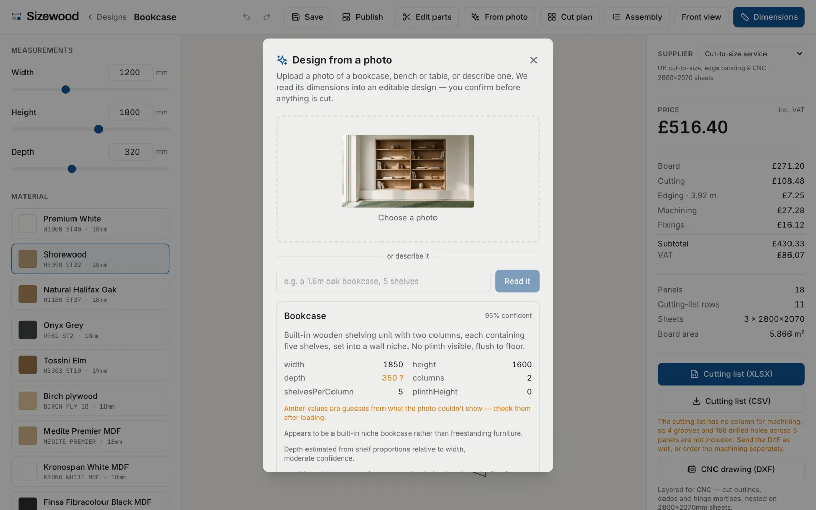 Sizewood reading that photograph: it identifies a bookcase with 95% confidence and lists the dimensions it measured — 1900mm wide, 1500mm high, two columns of five shelves — with the depth flagged amber as a guess the photo could not show