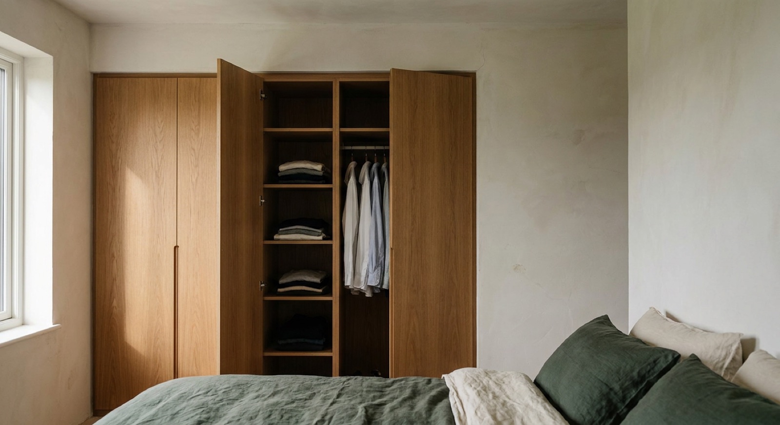 A floor-to-ceiling made-to-measure oak wardrobe with its doors slightly open
